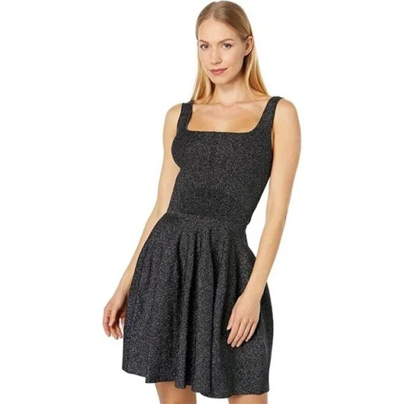 TED BAKER London Glitzia Square Neck Sleeveless Metallic Skater Dress in Black - Picture 3 of 13